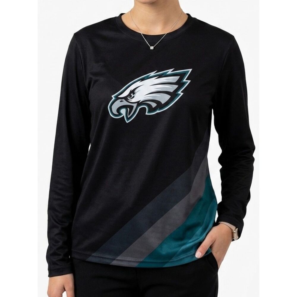 Philadelphia Eagles NFL Black Teal Colorblock Long Sleeve Shirt Size M Medium